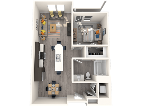 A 3D rendered image of a small apartment layout.